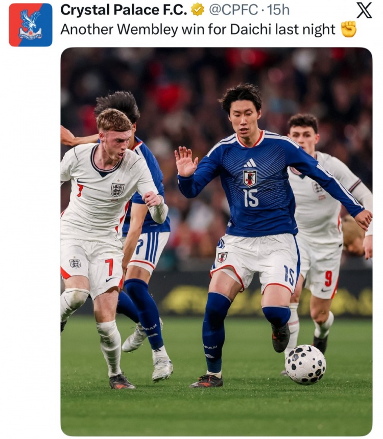 水晶宫官推晒镰田大地比赛照：昨晚大地再一次在温布利取得胜利